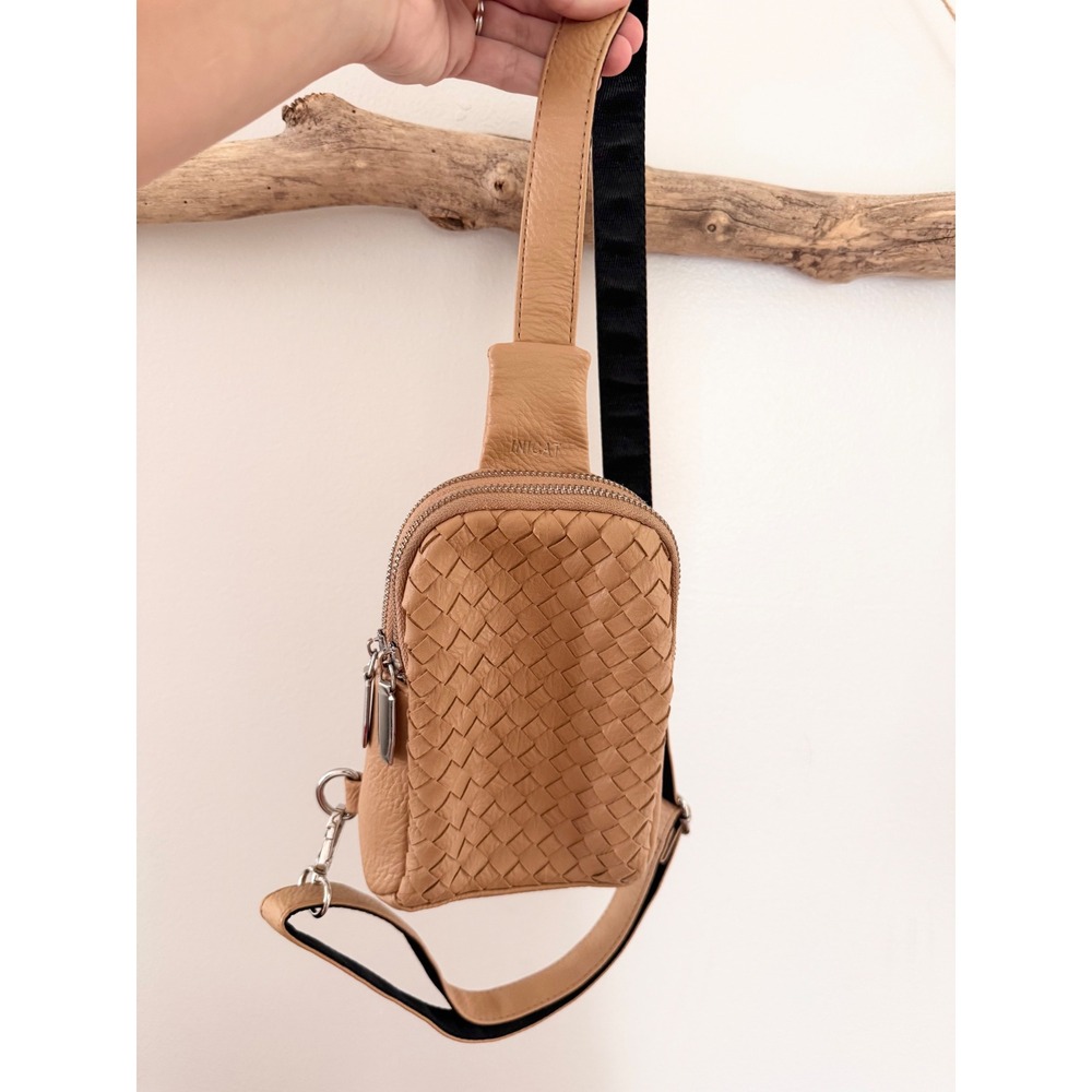 INICAT Tan Vegan Leather Woven Sling Bag Small Crossbody Chest Pack Card Slots